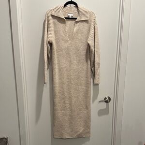 Topshop Cream Long Sleeve Ribbed Dress